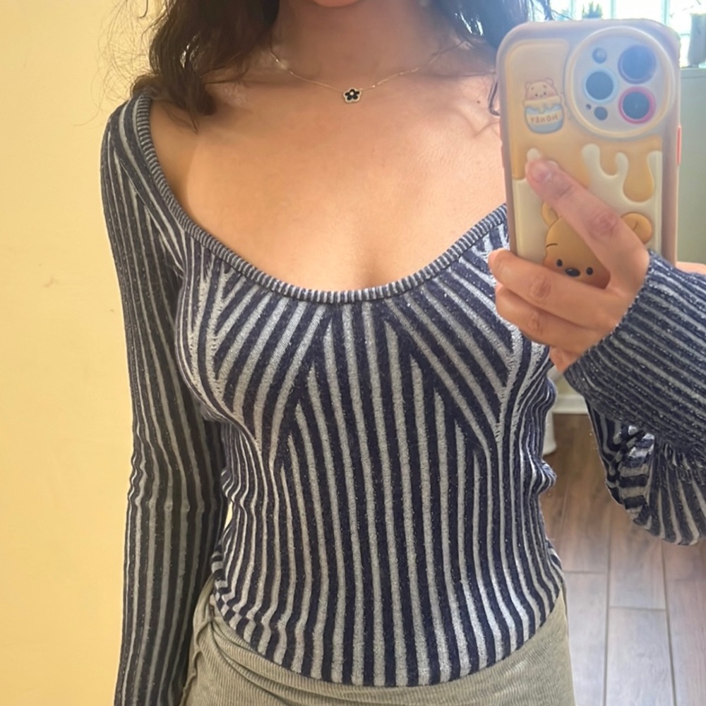 Urban Outfitters Navy and White Striped Sweater